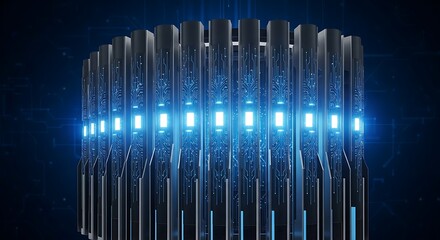 Futuristic data servers glowing with blue light and circuits