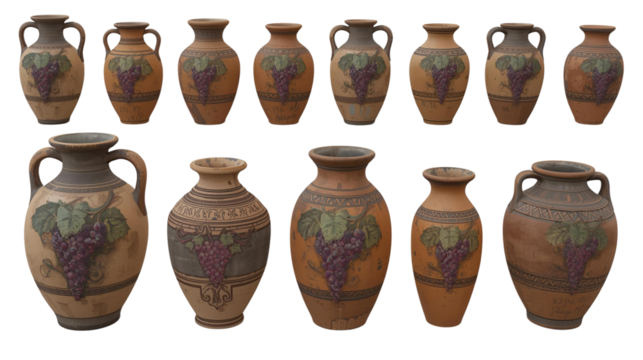 Wine Jar and Amphora Collection with Grape Motifs – Transparent Background