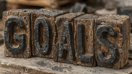 Vintage wooden block letters spell out goals, rustic concept of aspiration, success, and planning for future with focused determination