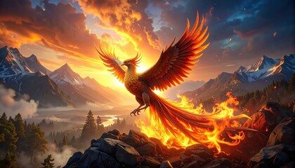 Majestic mythical bird of fire soars over mountainous terrain during a vibrant sunset, wings outstretched and ablaze with fiery colors.