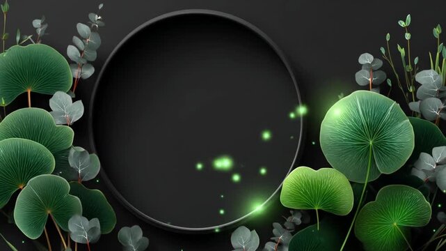 Elegant dark floral composition green leaves frame circle copy space