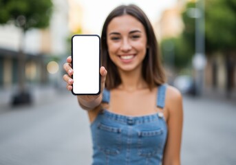 Woman holding a smartphone with a blank screen outdoors