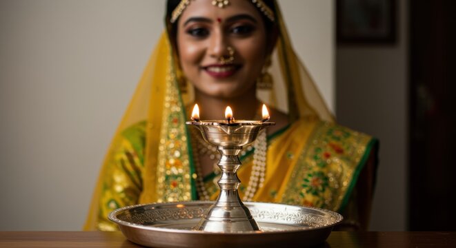 Young Indian woman in traditional yellow sari and jewelry with lit oil lamps image photo