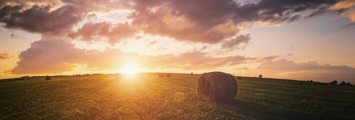 Sunset over hay bales in a field. Golden light bathes the landscape, creating a tranquil scene. For...