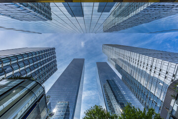 Upward perspective of modern skyscrapers in Hudson Yards, Manhattan, New York City, USA.