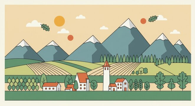 Modern geometric vector landscape showing mountains, houses, a tower, village, eco farm, and agricultural fields. Line art with oak leaf design for posters, covers, or backgrounds without text.
