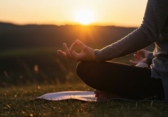 Person meditating outdoors during sunset