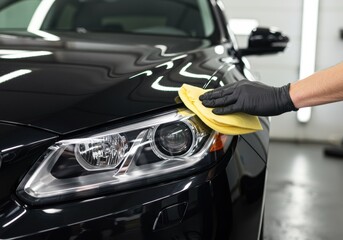 Detailing a black car with a yellow microfiber cloth