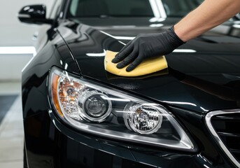 Car detailing with a gloved hand applying wax