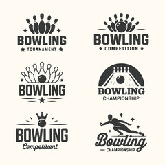 Vector art of collection of six vintage bowling emblems and logos, including bowling pins, balls, and a bowler