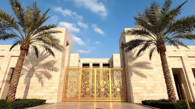 Grand golden gates of a building flanked by two palm trees under a bright lightly cloudy sky
