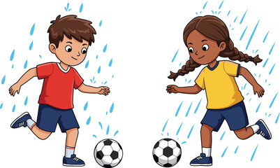 Happy children playing soccer in the rain, boy and girl kicking football and splashing in puddles, joyful kids enjoying outdoor sport on a wet day.