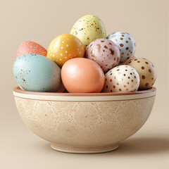 Colorful Easter eggs gathered in a decorative ceramic bowl during spring celebrations
