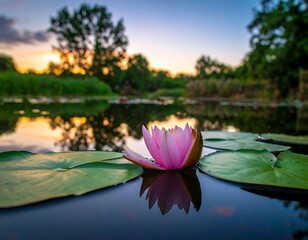 Pink lotus flower on pond at sunset