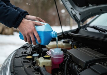 Man refilling car's windshield washer fluid