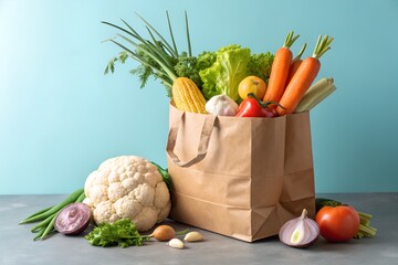 Brown paper grocery bag overflowing with fresh vegetables and produce