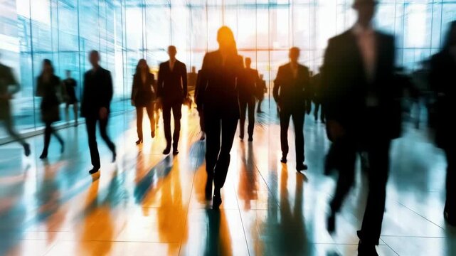 Dynamic motion blur of business people walking in a modern glass building, captured from a low angle, creating a cinematic video effect. Live desktop wallpaper.