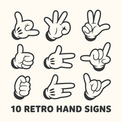 Vector art of collection of ten retro hand signs, including thumbs up, rock on, peace sign, and pointing gestures, isolated on a, perfect for graphic design and illustration projects