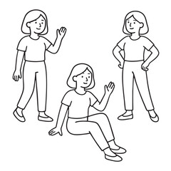 Coloring book coloring page featuring three women in casual clothing with friendly expressions
