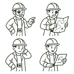 Coloring book coloring page featuring construction worker hard hat with map and expressive faces