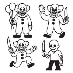 Coloring book coloring page featuring scary clown and skull character holding knife