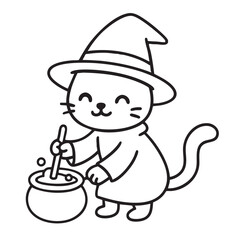Coloring book coloring page featuring cute cat in witch hat stirring cauldron coloring