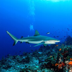 Fototapeta premium An underwater photograph showing a shark swimming in the ocean