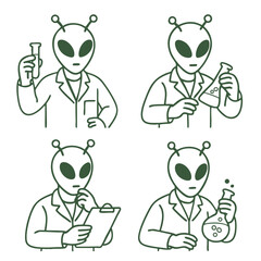 Coloring book coloring page featuring alien scientist in lab coat holding beaker and clipboard