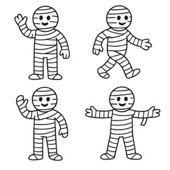 Mummy cartoon black and white cute happy waving walking arms open simple line art