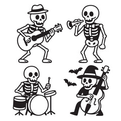 Skeleton musician playing guitar, trumpet, drum, and double bass with bats, Halloween theme
