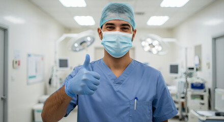 A young female doctor in a surgical mask works in a hospital for a medical operationA young female doctor in a surgical mask works in a hospital for a medical operation