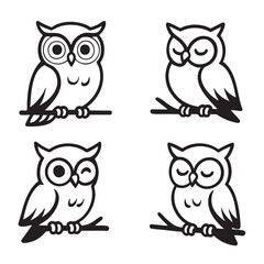 Cute owl illustration, cartoon bird, sitting branch, with different facial expressions