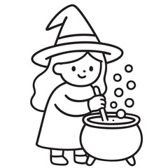Cute witch cauldron hat dress magic cartoon line art Halloween smiling child