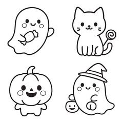 Cute ghost holding candy, cat, pumpkin character, and ghost with witch hat, all in kawaii style