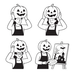 Woman pumpkin head Halloween costume painting canvas art illustration happy creative black white