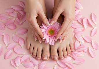 Woman's hands and feet with flower and petals on pink background.