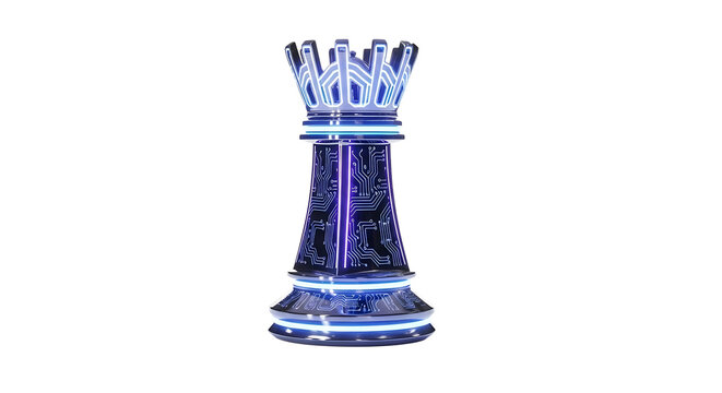 Futuristic chess rook piece with neon blue lights, isolated on white background a modern and hightech take on a classic game piece - Powered by Adobe