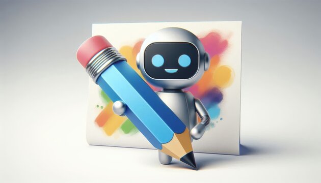 Ai education robot with pencil on colorful background. Robotic creative art icon.