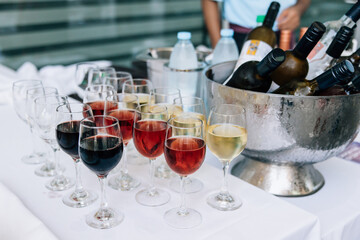 Assorted wine glasses at a catering event
