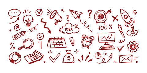 Chalk business board sketch icon set. Hand drawn chalkboard frame, bulb, puzzle and arrow for plan marketing idea. Business chart, pencil drawing, office success and internet. Vector illustration