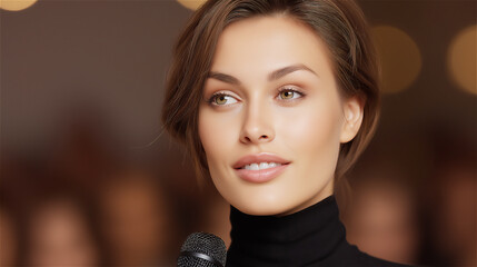 Confident elegant woman speaking with microphone indoors, lifestyle and professional portrait symbolizing leadership, charm and public communication.
