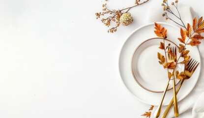 Autumn place setting, white background for thanksgiving or event invitation