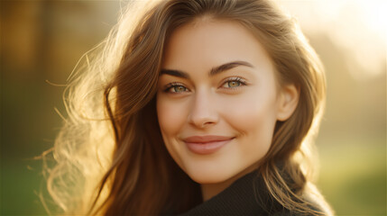 Naklejka premium Portrait of young woman smiling outdoors in warm natural light, lifestyle concept highlighting beauty, charm and authenticity with positive emotions.