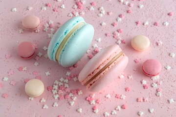 Sweet pastel macarons scattered with tiny hearts on a pink background