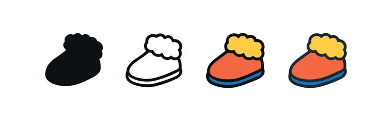 Vector icon wool slippers four styles black solid glyph outline minimal flat multicolor filled cartoon flat shaded.