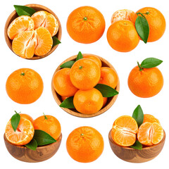 Collection of Fresh Tangerines with Green Leaves in Wooden Bowls and Slices Isolated on a Transparent Background