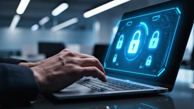 Digital cybersecurity lock on laptop screen for data protection 
