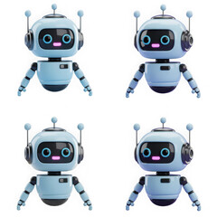 3d cute ai robot character in different angles. Chat bot mascot isolated render icon set. Digital artificial intelligence chatbot, friendly support assistant. Electric cyborg agent