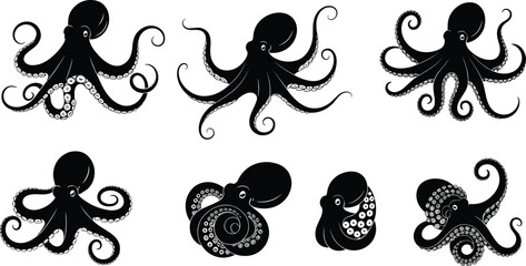Octopus illustration, marine animal drawing, ocean wildlife art, underwater creature design, black and white octopus graphic, aquatic tentacle artwork, sea life silhouette, marine design