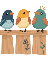 Three charming cartoon birds perched on a wooden fence, isolated on transparent background, creating a whimsical and delightful scene full of character and charm